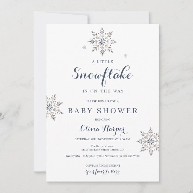 Faire-part de Baby Shower Elegant Flocon de Neige (Devant)