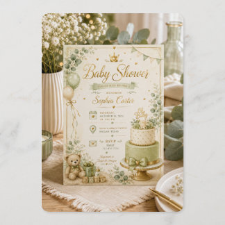 Faire-part de Baby Shower élégant vert sauge et be
