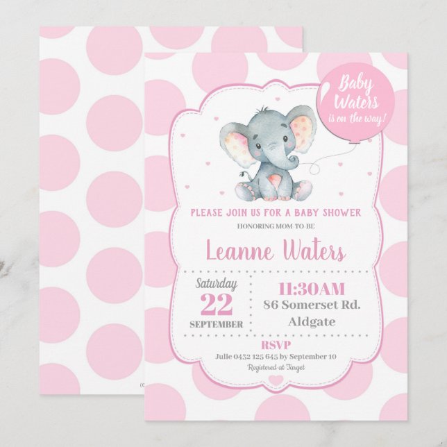 Faire-part de Baby Shower Éléphant Bébé Fille Rose (Devant / Derrière)