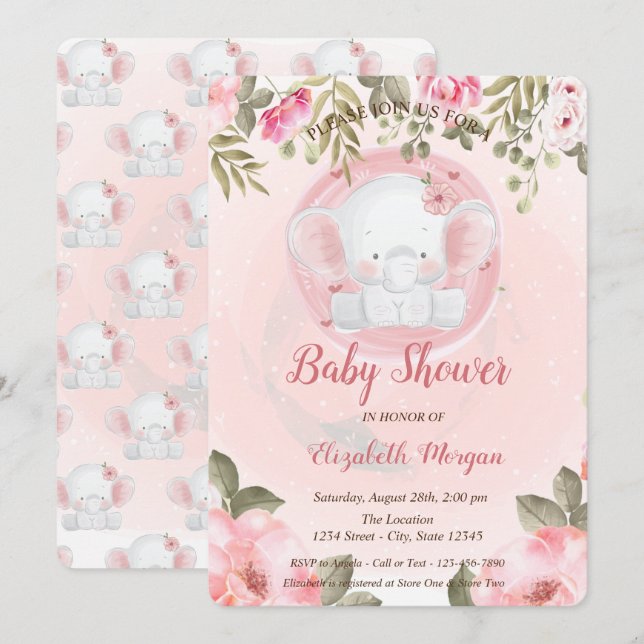 Faire-part de Baby Shower : éléphant bébé floral m (Devant / Derrière)