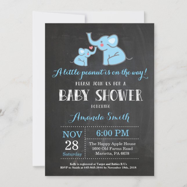 Faire-part de Baby Shower Éléphant Bleu et Gris (Devant)