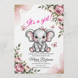 Faire-part de Baby Shower Éléphant Douce & Floral