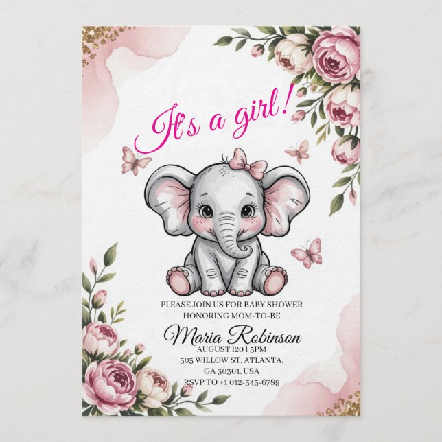 Faire-part de Baby Shower Éléphant Douce & Floral (Devant)