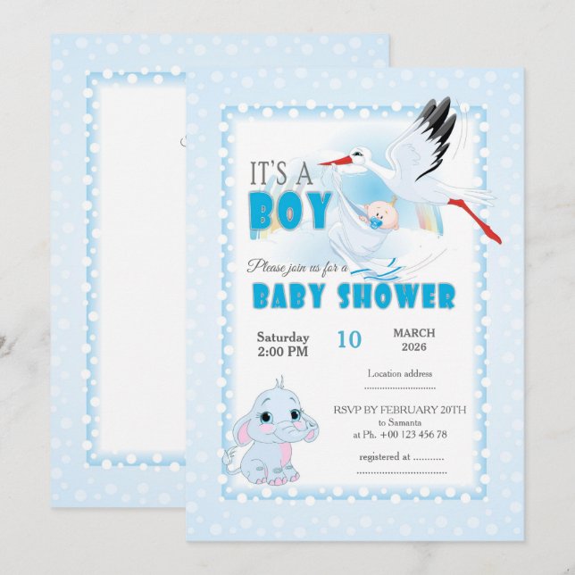 Faire-part de Baby Shower éléphant mignon. C'est u (Devant / Derrière)
