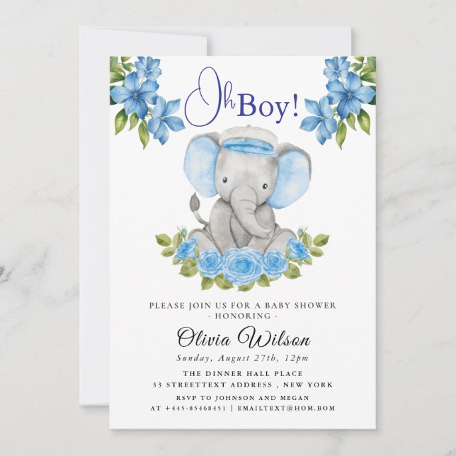 Faire-part de Baby Shower Éléphant pour Garçon – “ (Devant)