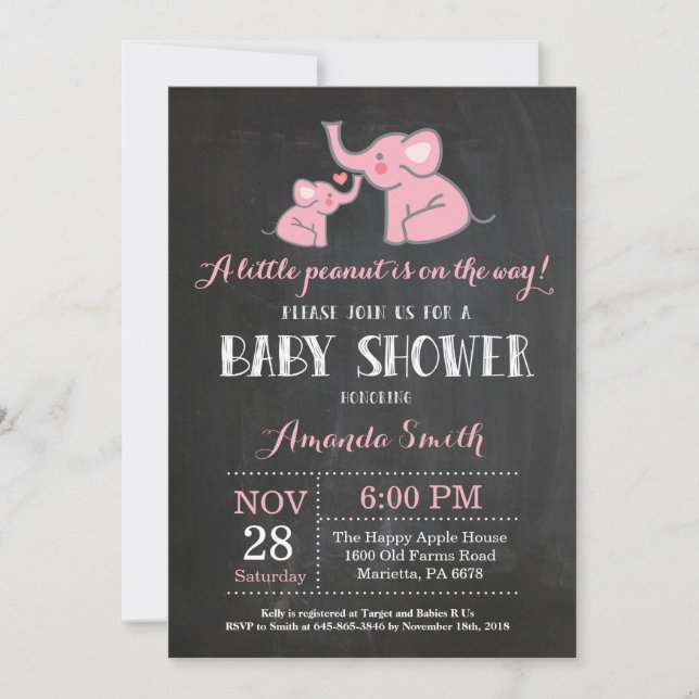 Faire-part de Baby Shower Éléphant Rose et Gris (Devant)
