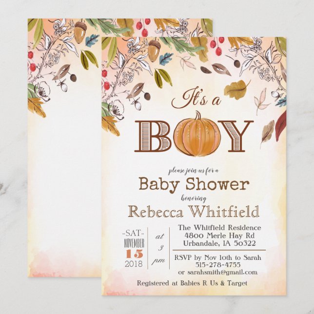 Faire-part de Baby Shower en bois à feuilles rusti (Devant / Derrière)