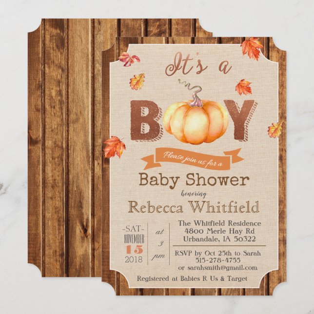 Faire-part de Baby Shower en bois à feuilles rusti (Devant / Derrière)