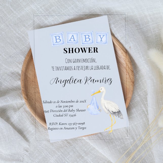 Faire-part de Baby Shower espagnol Bleu Poussiéreu (Stork Spanish Baby Shower Dusty Blue Script Acrylic Invitations)