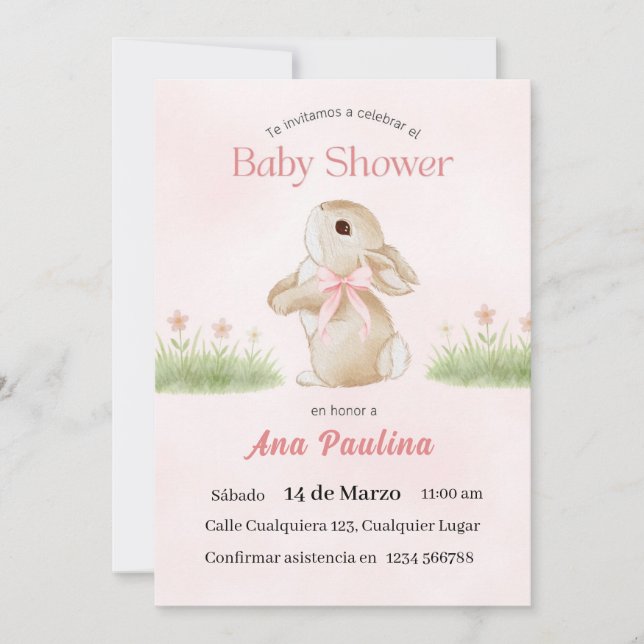 Faire-part de Baby Shower Espagnol Ourse Rose Fill (Devant)