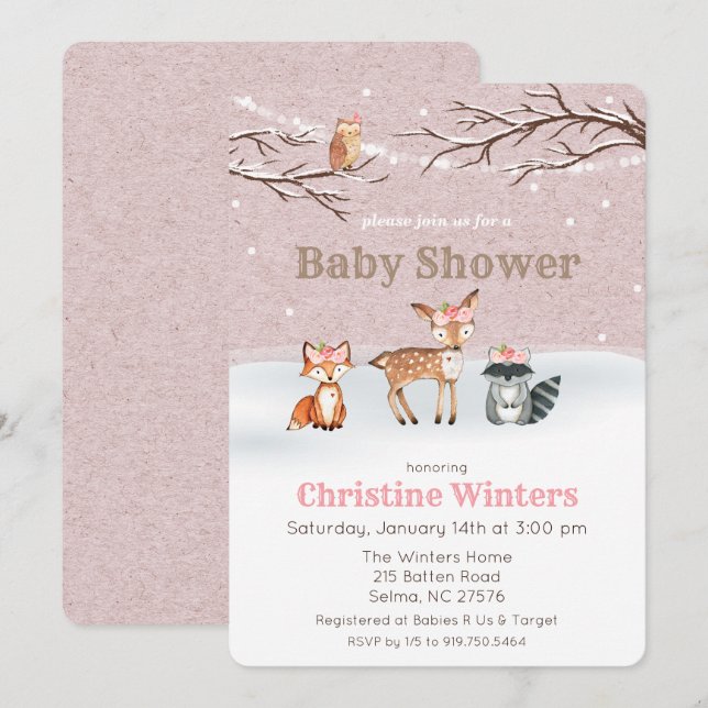 Faire-part de Baby Shower Fille Animaux de la Forê (Devant / Derrière)