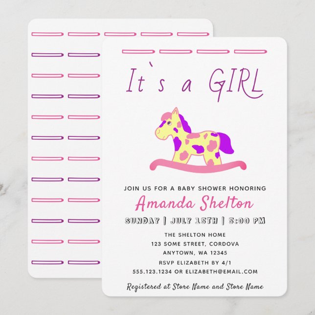 Faire-part de Baby Shower Fille au Cheval à Bascul (Devant / Derrière)