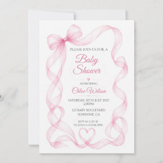 Faire-part de Baby Shower Fille au Ruban Rose et C