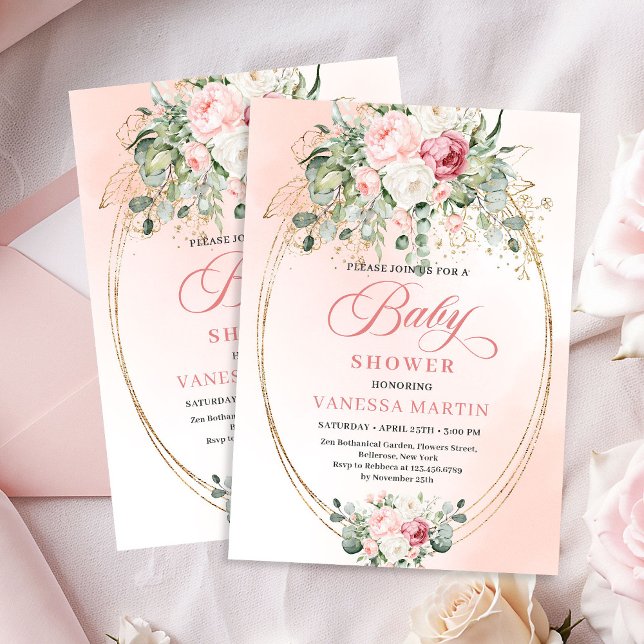 Faire-part de Baby Shower Fille avec Roses et Verd (Soft Blush Roses Greenery Girl Baby Shower Invitation)