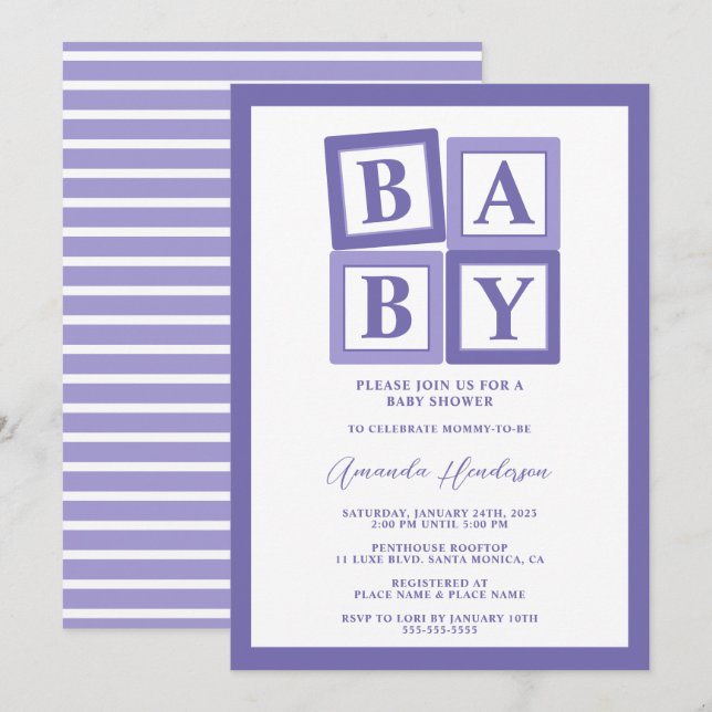 Faire-part de Baby Shower Fille Blocs Bébé Violet (Devant / Derrière)