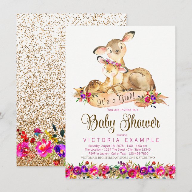 Faire-part de Baby Shower Fille Cerf (Devant / Derrière)