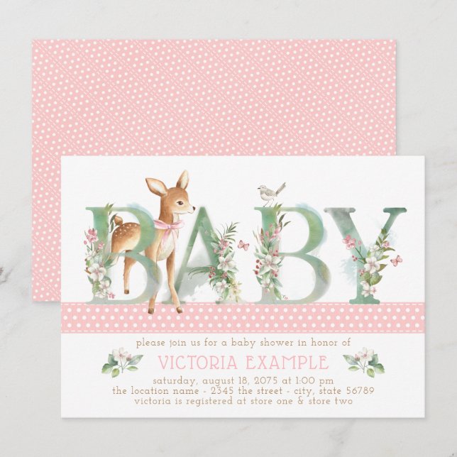 Faire-part de Baby Shower Fille Cerf de la Forêt (Devant / Derrière)