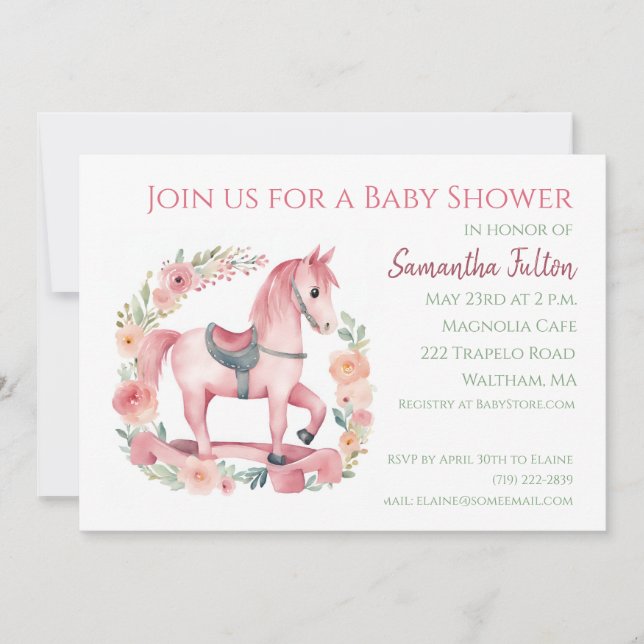 Faire-part de Baby Shower Fille Cheval à Bascule R (Devant)