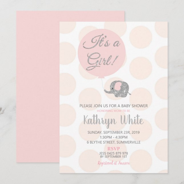 Faire-part de Baby Shower Fille Eléphant Argent Ro (Devant / Derrière)