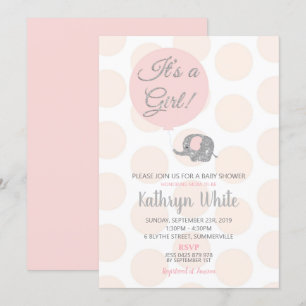 Faire-part de Baby Shower Fille Eléphant Argent Ro
