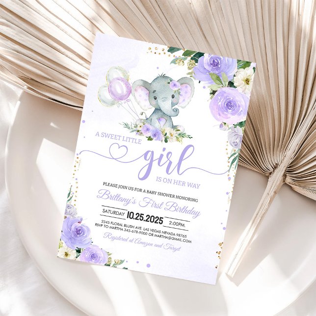 Faire-part de Baby Shower Fille Éléphant Violet (Créateur téléchargé)