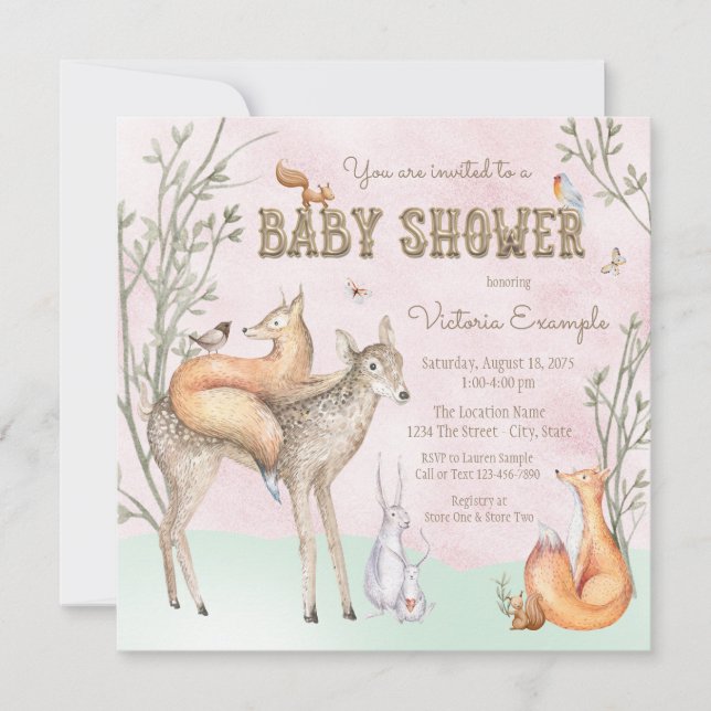 Faire-part de Baby Shower Fille en Forêt (Devant)