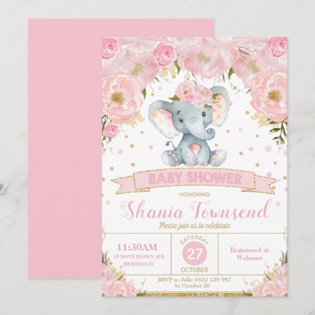 Faire-part de Baby Shower Fille Fleur Éléphant (Devant / Derrière)