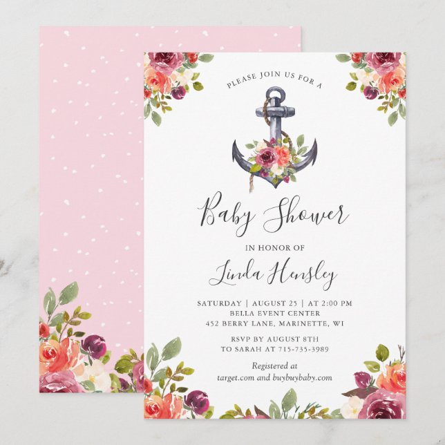 Faire-part de Baby Shower Fille Fleur et Ancre Mar (Devant / Derrière)