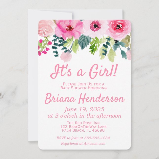 Faire-part de Baby Shower Fille Fleurs Roses (Devant)