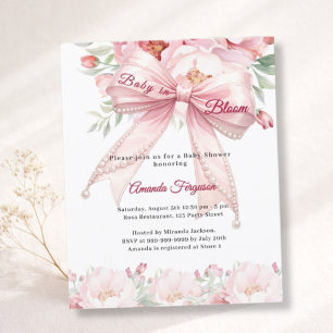 Faire-part de Baby Shower fille fleurs roses en nœ