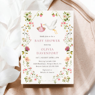 Faire-part de Baby Shower Fille Fleurs Roses Livra