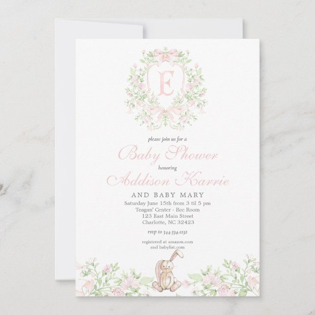 Faire-part de baby shower fille lapin (Devant)