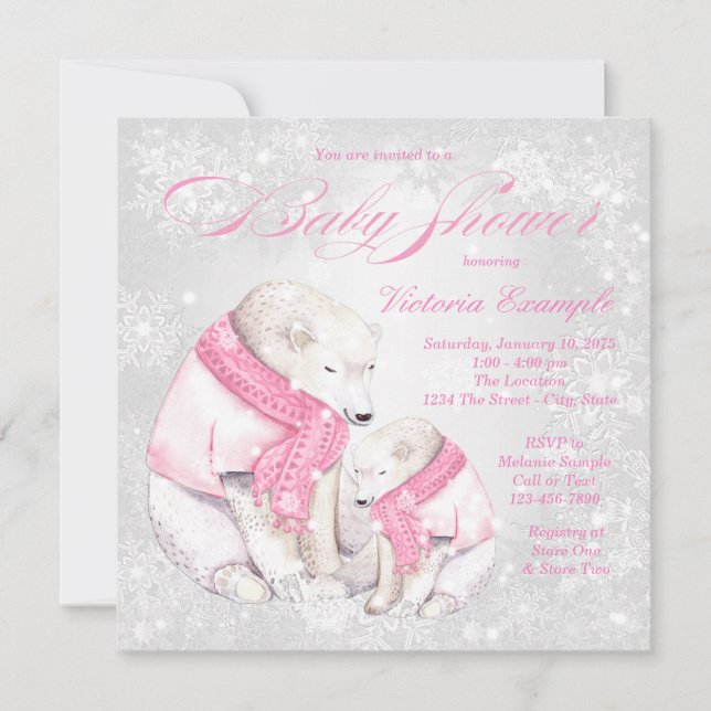 Faire-part de Baby Shower Fille Ours Hiver (Devant)