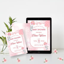 Faire-part de Baby Shower Fille Rose Eléphant