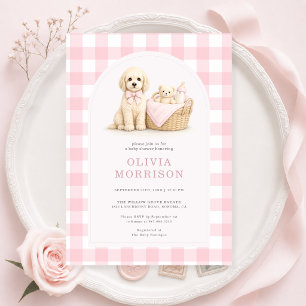 Faire-part de Baby Shower Fille Rose Gingham Chien