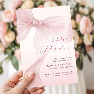 Faire-part de Baby Shower Fille Ruban Rose Pâle Aq