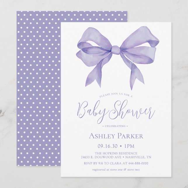 Faire-part de Baby Shower Fille Ruban Violet (Devant / Derrière)