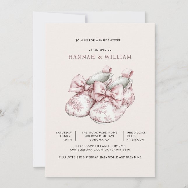 Faire-part de Baby Shower Fille Toile Rose (Devant)
