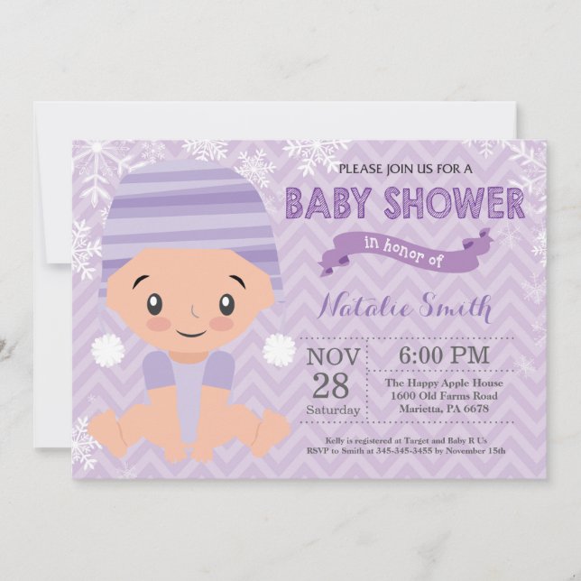 Faire-part de Baby Shower Fille Violet Hiver (Devant)