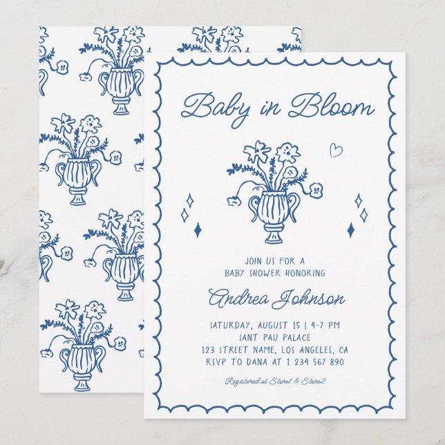 Faire-part de Baby Shower Fleur Bleue Garçon Dessi (Devant / Derrière)