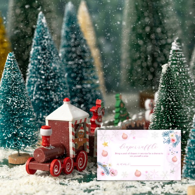 Faire-part de Baby Shower Fleur de Neige d'Hiver  (Winter Snowflake Floral Diaper Raffle Baby Shower Enclosure Card)
