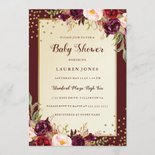Faire-part de Baby Shower Fleur Or Bourgogne