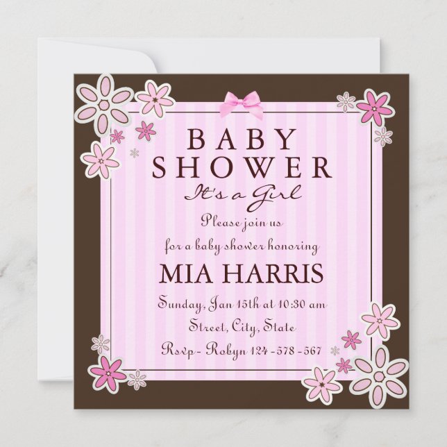 Faire-part de Baby Shower Fleur Rose & Marron (Devant)