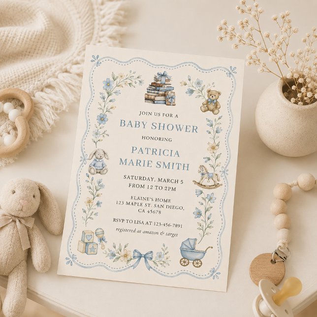 Faire-part de Baby Shower Fleurie Bleue de Nursery (Créateur téléchargé)