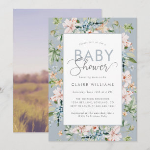 Faire-part de Baby Shower Fleurs Bleu Poussiéreux