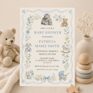 Faire-part de Baby Shower Fleurs Bleues Jouets de
