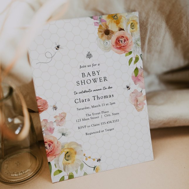 Faire-part de Baby Shower Fleurs et Abeille (Créateur téléchargé)