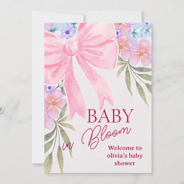 Faire-part de Baby Shower Fleurs et Ruban Rose Bab (Devant)