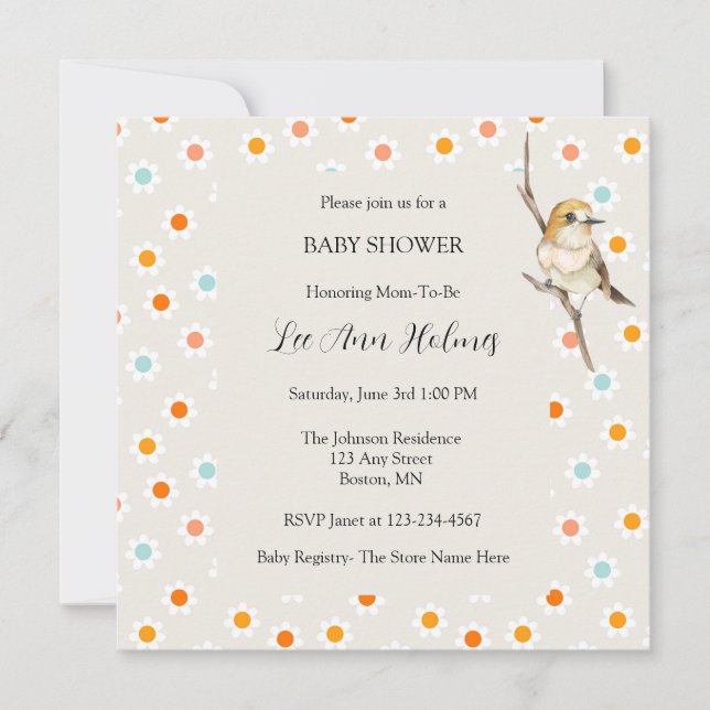 Faire-part de Baby Shower Fleurs Minuscules Oiseau (Devant)
