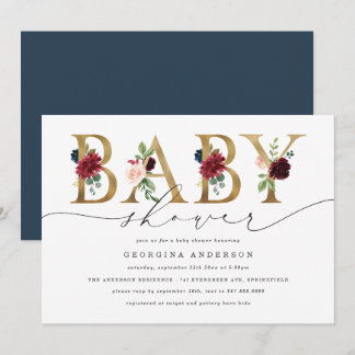 Faire-part de Baby Shower Fleurs Navy Bourgogne